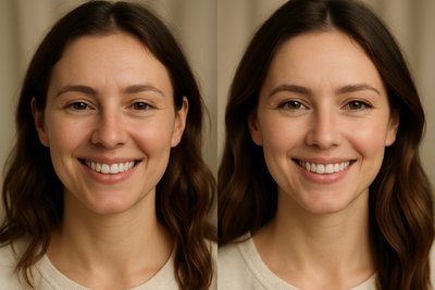 happy woman with before and after eyeliner looks more reaistic than AI not a big wing but eyeliner enhancement